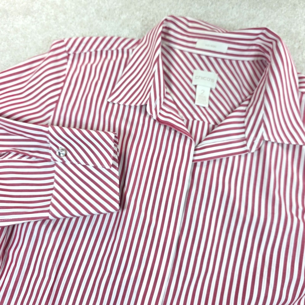 Chicos Shirt Womens L 12/14 Red White Striped Metallic No Iron Button Up Long Sl